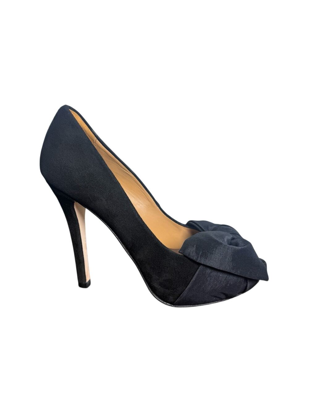 Badgley Mischka Sail Bow Peep Toe Heels Suede Satin Bows Size 6.5 Dust Bag & Box